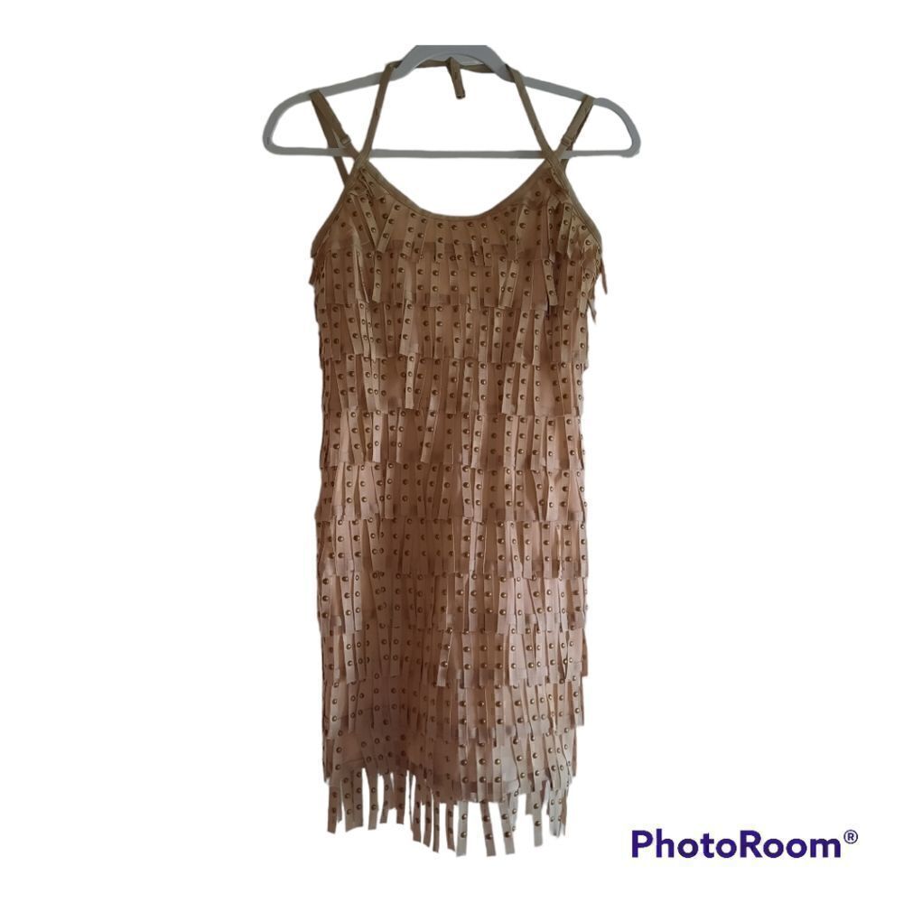 Wow Couture Gold Label Rivit Stud Fringe Halter Bodycon Bandage Dress